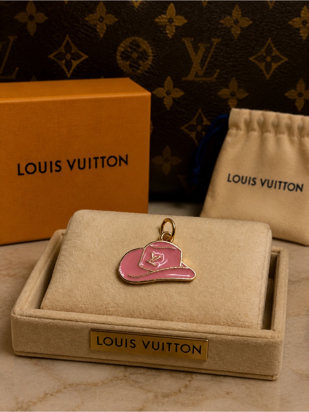 Luxury LV stamped Pink Enamel Hat Charm pendant with Gold Trim